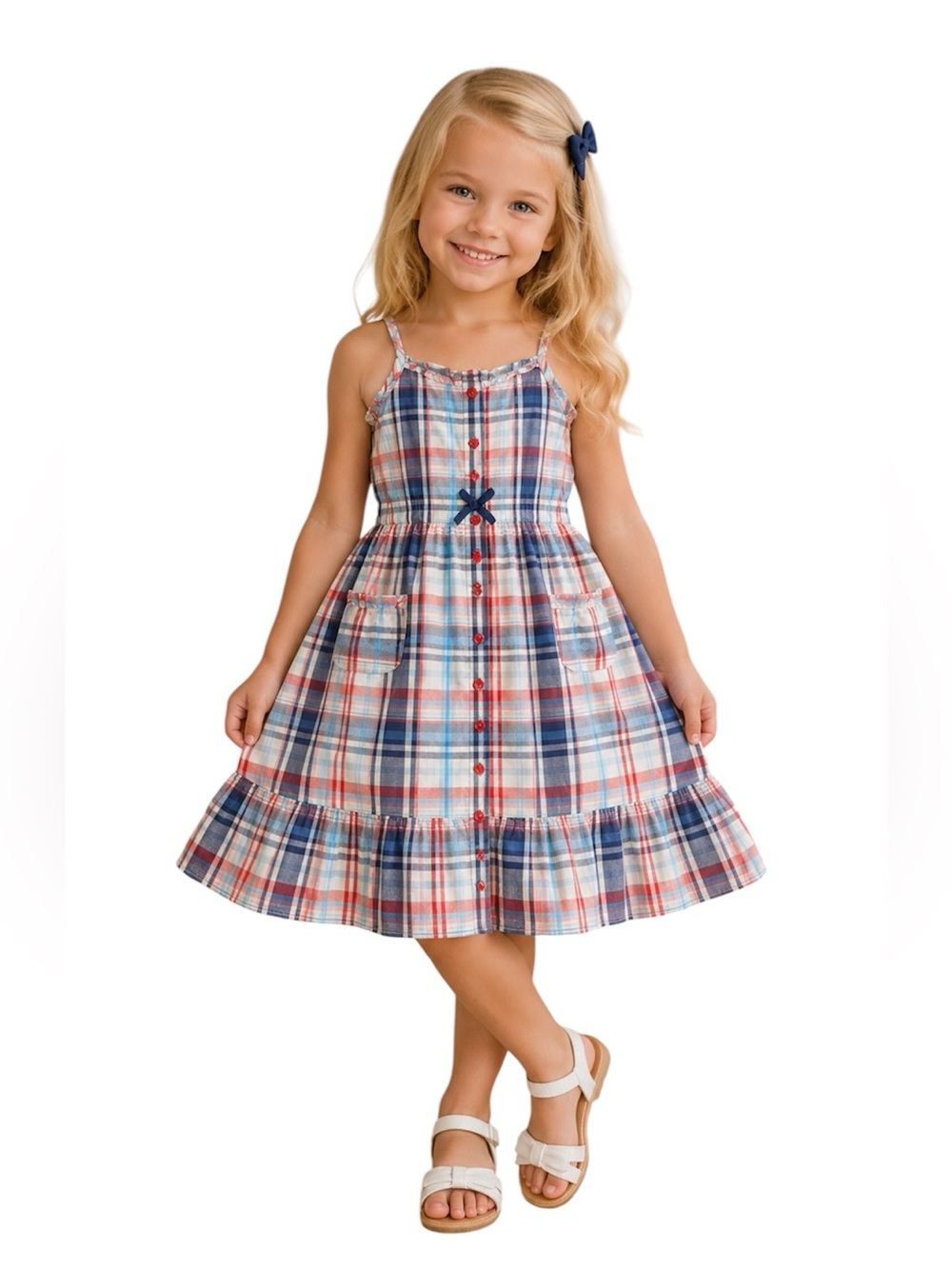 Oshkosh B'Gosh Girls 8 Summer Dress Classic Plaid Pockets Ruffles Bow School
